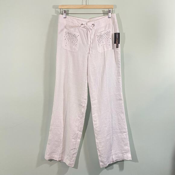 INC International Concepts White Linen Bejeweled Pockets Wide Leg Pant Sz 8 NWT - Picture 1 of 6